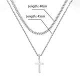 Double Layer Silver Tone Cross Pendant Necklace Set Cuban Link & Rope Chain 40-45cm Layered Fashion Jewellery