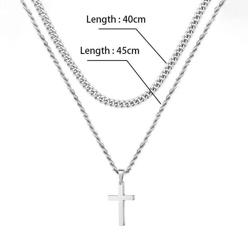 Double Layer Silver Tone Cross Pendant Necklace Set Cuban Link & Rope Chain 40-45cm Layered Fashion Jewellery