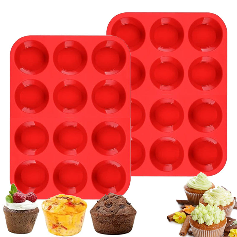 2PCS Red Food Grade Silicone Cake Mould 12 Cup Round Cupcake Pan Easy Release Non Stick Baking Trays