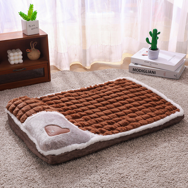 Thickened Pet Sofa Bed XXL Size 100x70cm Coffee Dog Mat with Integrated Pillow Soft Washable Sleeping Pad for Dogs and Cats All Season Comfort