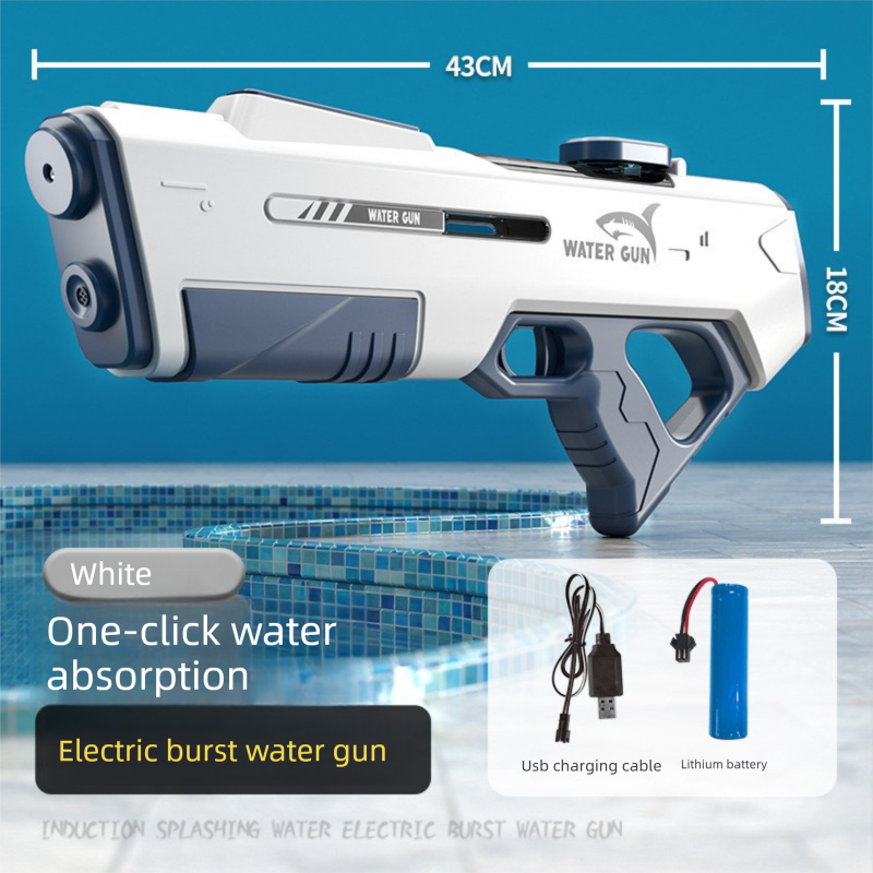Electric Water Gun Auto Refill 43cm High Pressure Blaster Toy Rechargeable Squirt Soaker for Kids & Adults White