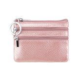 Genuine Leather Coin Purse Mini Wallet with Triple Zipper Pockets Key Ring Holder Pouch for Cash & Cards - Rose gold