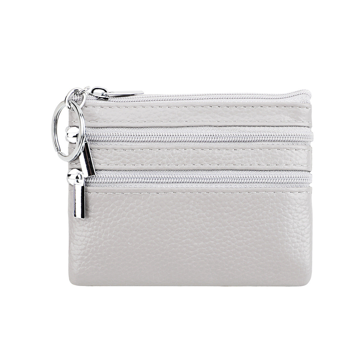 Genuine Leather Coin Purse Mini Wallet with Triple Zipper Pockets Key Ring Holder Pouch for Cash & Cards - Medium Gray