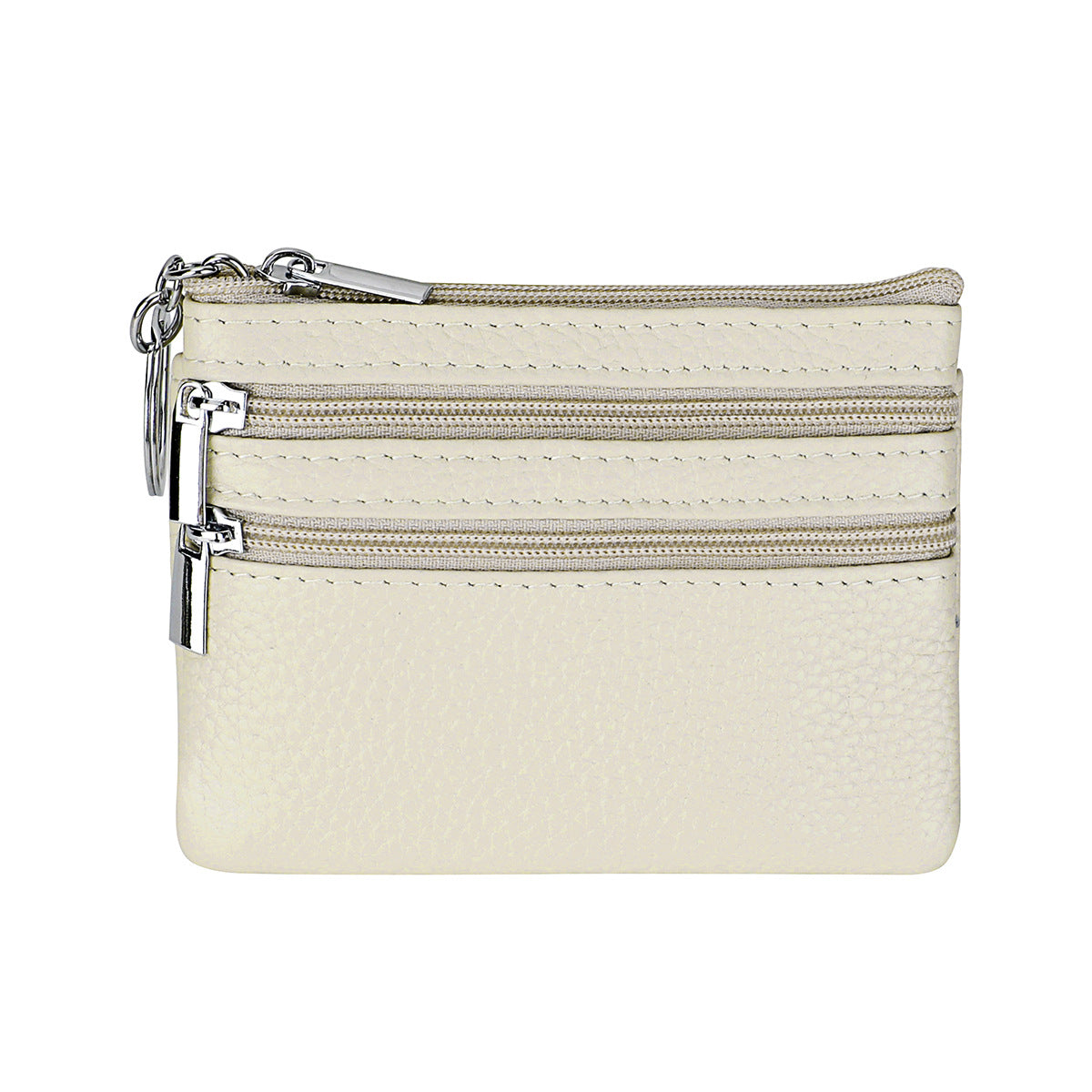 Genuine Leather Coin Purse Mini Wallet with Triple Zipper Pockets Key Ring Holder Pouch for Cash & Cards - Milky white