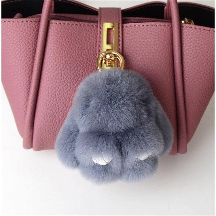 Fluffy Mini Rex Rabbit Fur Keychain Cute Bunny Bag Charm - Soft Plush Animal Doll Key Ring for Car Keys & Handbags - Grey