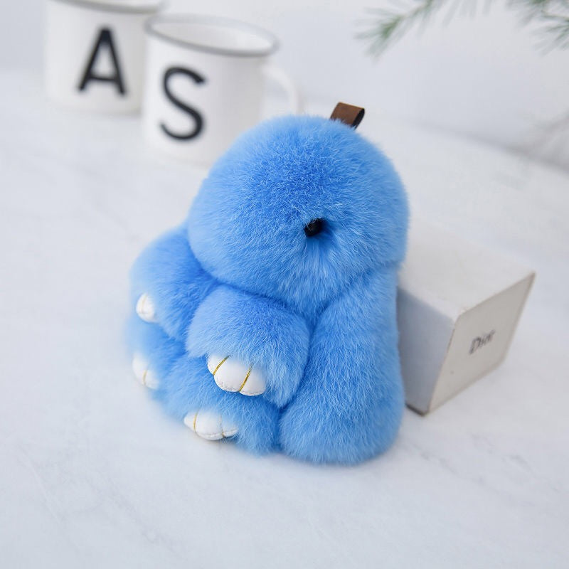 Fluffy Mini Rex Rabbit Fur Keychain Cute Bunny Bag Charm - Soft Plush Animal Doll Key Ring for Car Keys & Handbags - Blue
