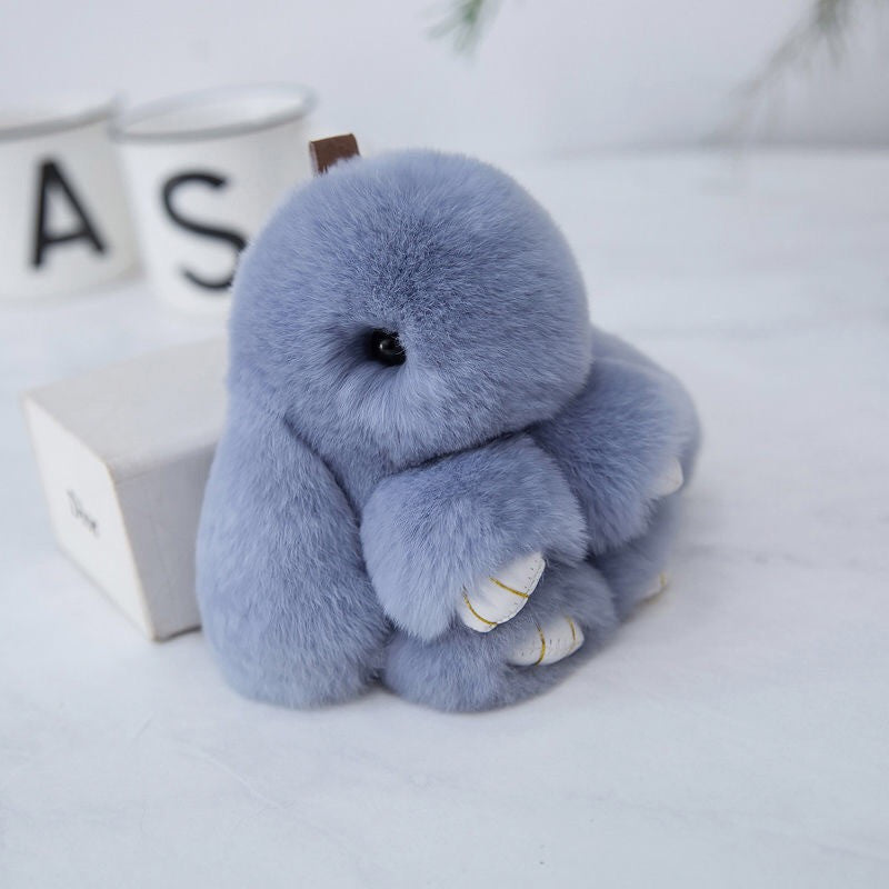 Fluffy Mini Rex Rabbit Fur Keychain Cute Bunny Bag Charm - Soft Plush Animal Doll Key Ring for Car Keys & Handbags - Light Grey