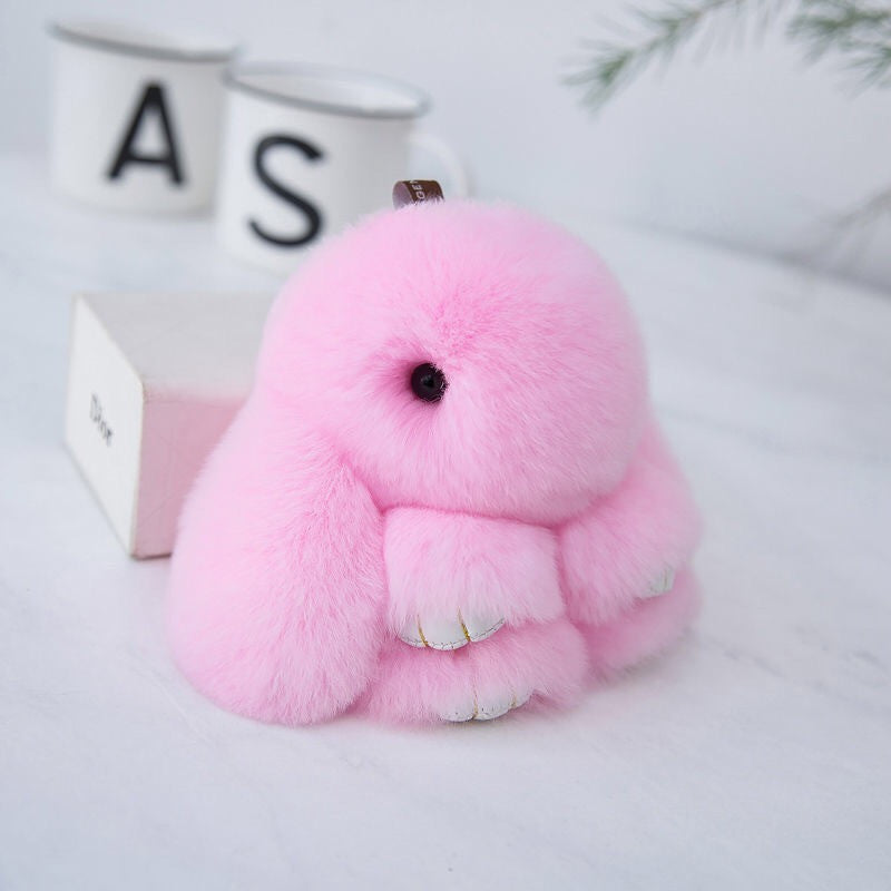 Fluffy Mini Rex Rabbit Fur Keychain Cute Bunny Bag Charm - Soft Plush Animal Doll Key Ring for Car Keys & Handbags - Cherry Blossom Pink