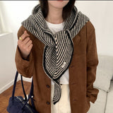 Striped Wool Blend Knitted Triangle Scarf - Soft Warm Shawl Neck Wrap for Women - Chic Autumn Layering Accessory - Black & White