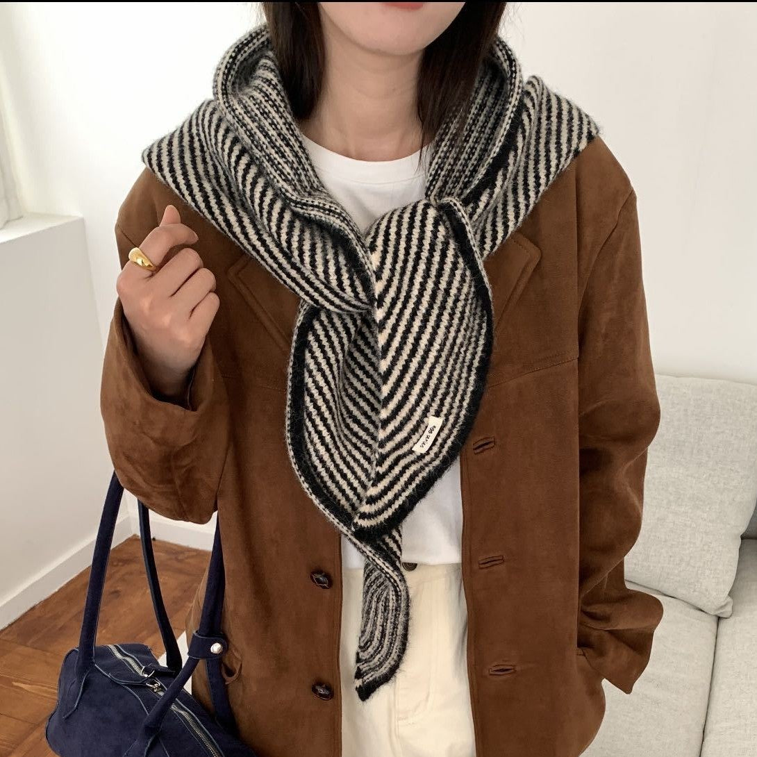 Striped Wool Blend Knitted Triangle Scarf - Soft Warm Shawl Neck Wrap for Women - Chic Autumn Layering Accessory - Black & White