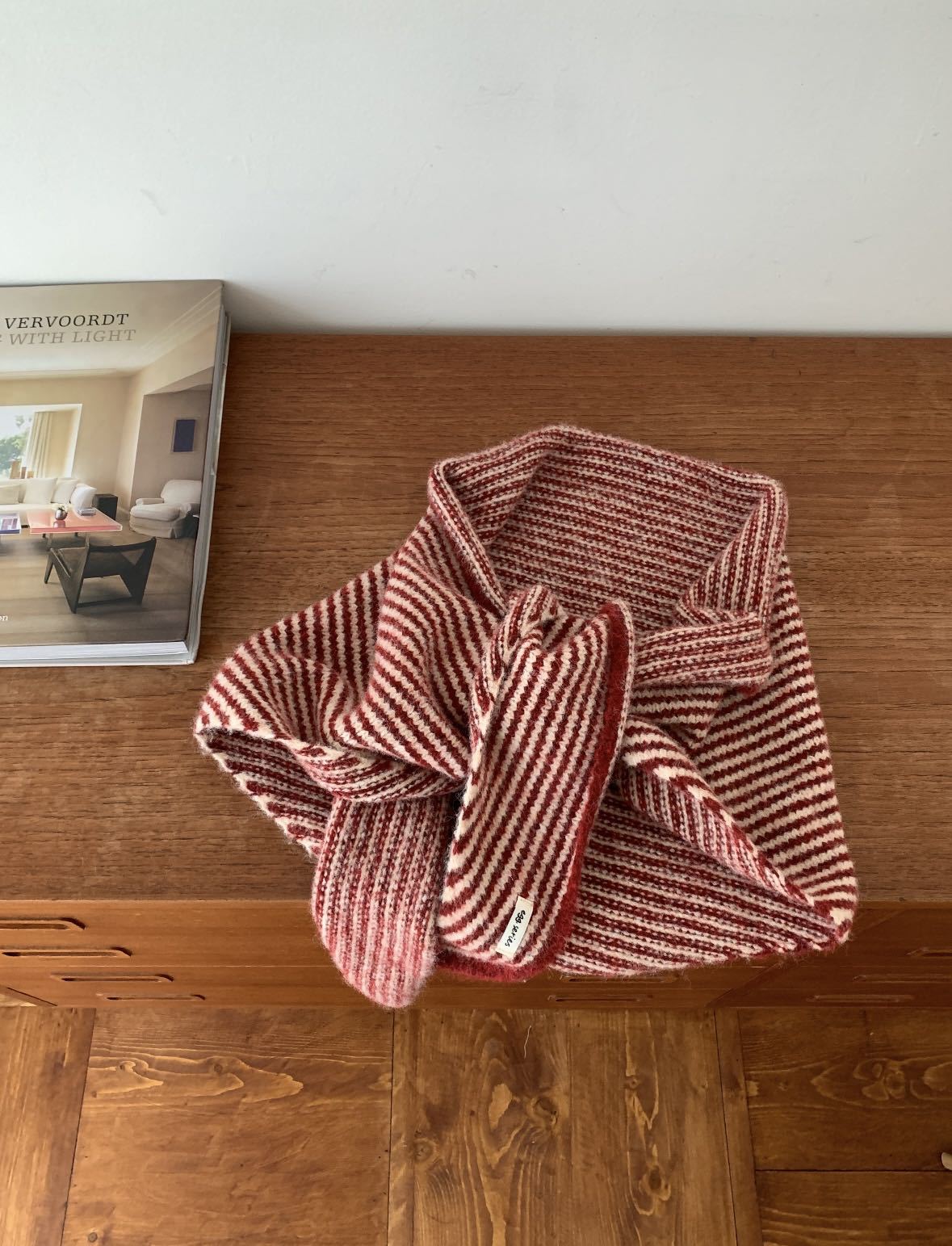 Red Striped Wool Blend Knitted Triangle Scarf - Soft Warm Shawl Neck Wrap for Women - Chic Autumn Layering Accessory - Red
