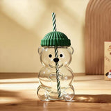 Creative Bear Shape Glass Water Bottle with Straw Cute Cartoon Coffee Cup and Cold Drink Tumbler – Green Hat Bear Edition