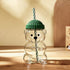 Creative Bear Shape Glass Water Bottle with Straw Cute Cartoon Coffee Cup and Cold Drink Tumbler – Green Hat Bear Edition