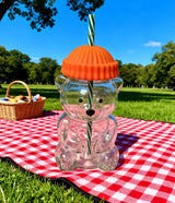 Creative Bear Shape Glass Water Bottle with Straw Cute Cartoon Coffee Cup and Cold Drink Tumbler – Orange Hat Bear Edition