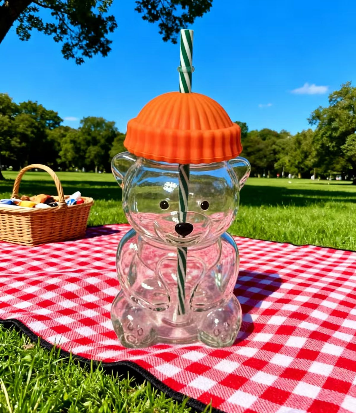 Creative Bear Shape Glass Water Bottle with Straw Cute Cartoon Coffee Cup and Cold Drink Tumbler – Orange Hat Bear Edition