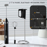 Rechargeable Electric Milk Frother with Metal Stand - Handheld Foam Maker & Egg Beater Set - 3 Speed Mixer with 2 Stainless Steel Whisks for Flat Whites, Lattes & Baking (Black)