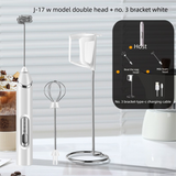 Rechargeable Electric Milk Frother with Metal Stand - Handheld Foam Maker & Egg Beater Set - 3 Speed Mixer with 2 Stainless Steel Whisks for Flat Whites, Lattes & Baking (White)