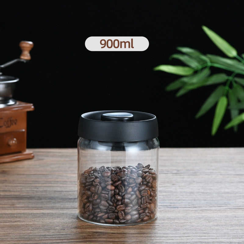 900ml Vacuum Sealed Glass Coffee Canister - One-Press Airtight Storage Jar - Medium Size Moisture-Proof Borosilicate Container for Beans & Pantry (Black Lid)