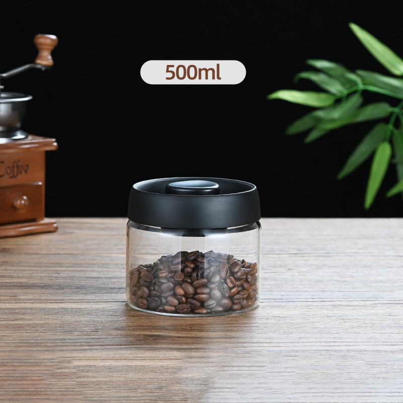 500ml Vacuum Sealed Glass Coffee Canister - One-Press Airtight Food Storage Jar - Moisture-Proof High Borosilicate Container for Beans & Tea (Black Lid)