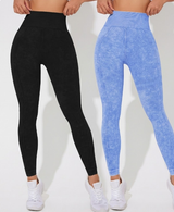 Seamless High Waisted Yoga Leggings 2 PCS Solid Black and Sand Washed Blue Size L Moisture Wicking Activewear