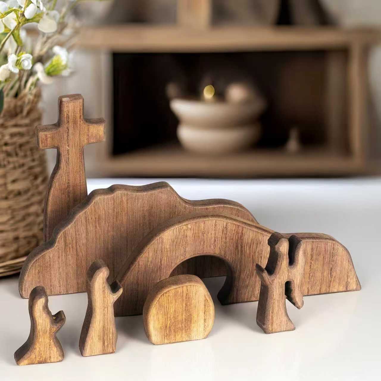 Easter Resurrection Scene Set Mini Wooden Figurine Ornament – Handcrafted Cross & Tomb Creative Tabletop Decoration