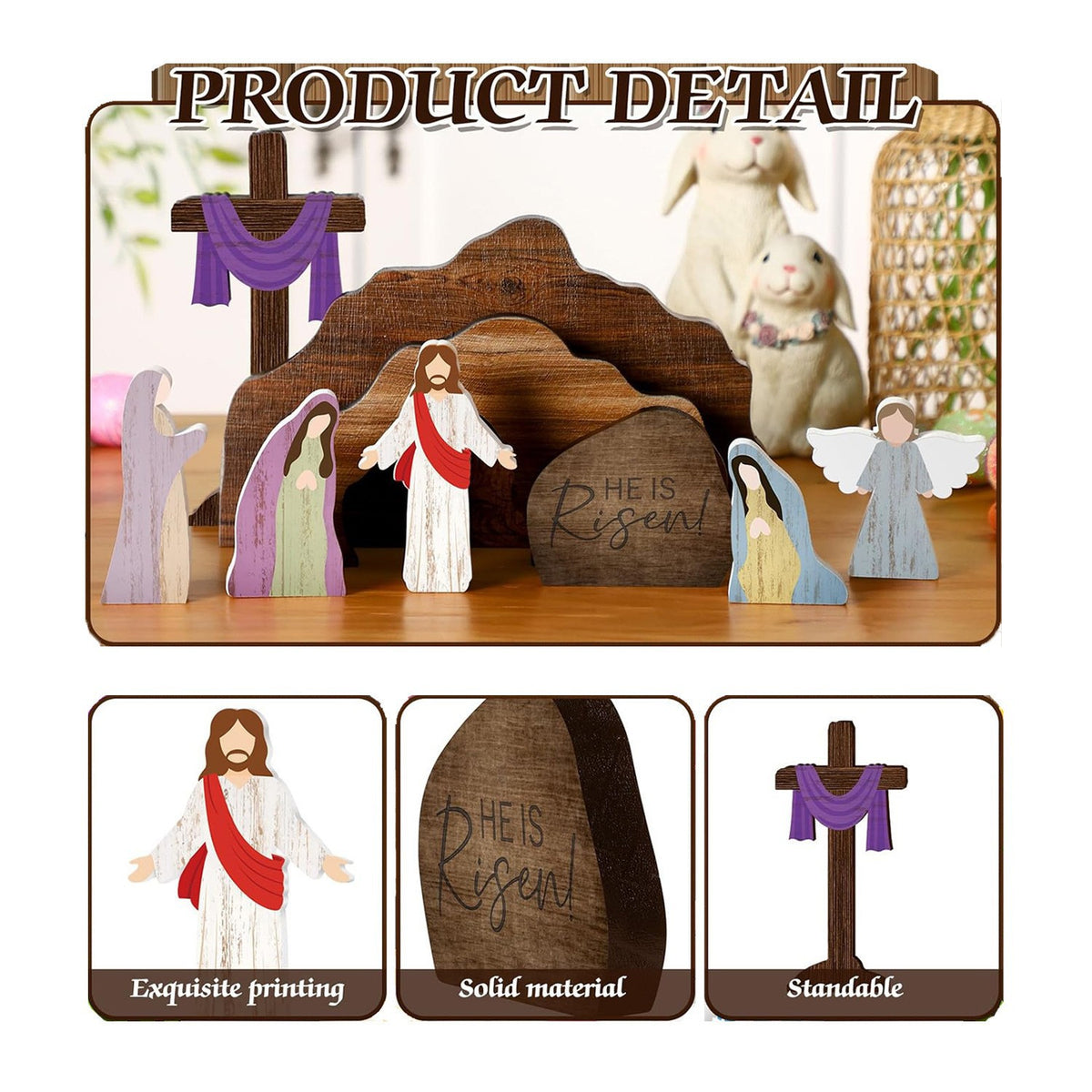 Easter Resurrection Scene Set Mini Wooden Figurine Ornament – Detailed Cross & Empty Tomb Creative Tabletop Decoration 