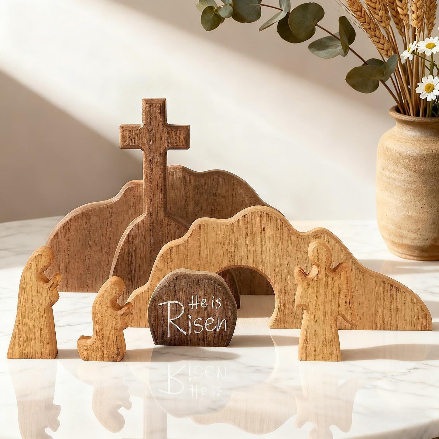 Easter Resurrection Scene Set Mini Wooden Figurine Ornament – Symbolic Cross & Open Tomb Creative Tabletop Decoration