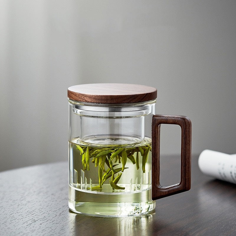 400ml Borosilicate Glass Tea Mug with Infuser and Walnut Wood Handle Clear Loose Leaf Teacup for Home Office