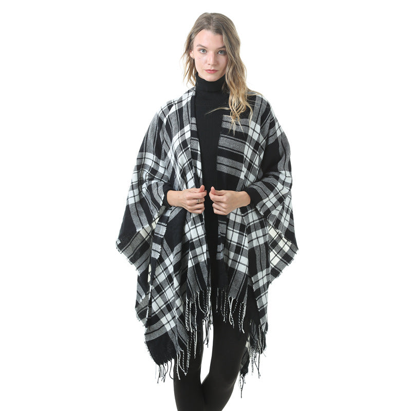 Women's Plaid Open-Front Poncho Cape – Soft Faux Cashmere Scarf Wrap with Tassel Detail (130 x 150cm)- Style P727