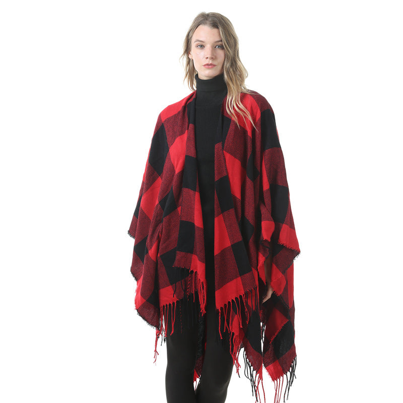 Women's Plaid Open-Front Poncho Cape – Soft Faux Cashmere Scarf Wrap with Tassel Detail (130 x 150cm)- Style P398