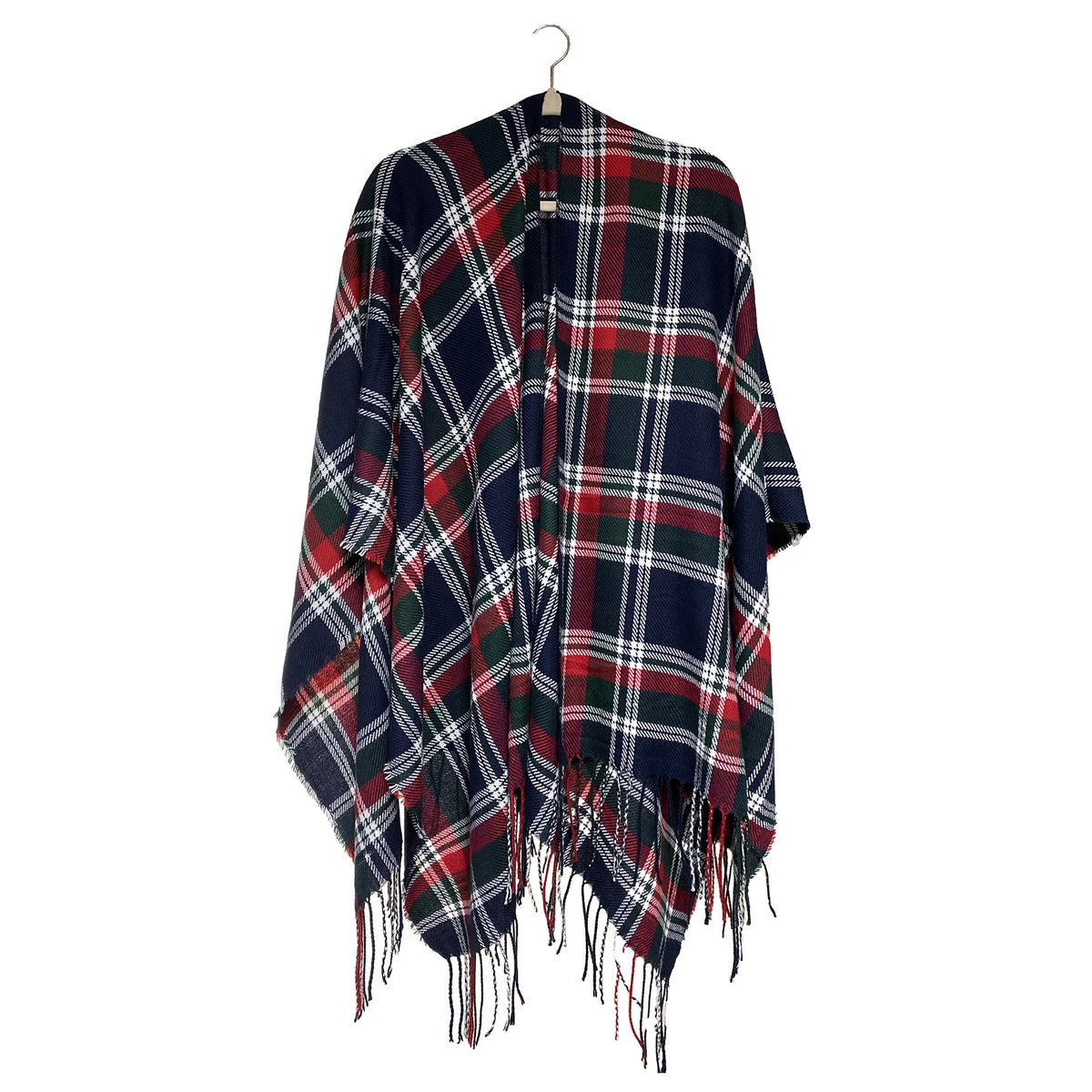 Women's Plaid Open-Front Poncho Cape – Soft Faux Cashmere Scarf Wrap with Tassel Detail (130 x 150cm)- Style P729