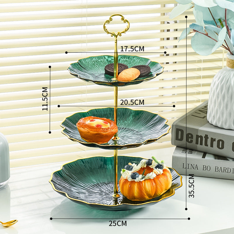 3-Tier Modern Fruit & Snack Stand – Green Reinforced Tiered Platter with Durable Iron Art Support for Home, Reception, and Office