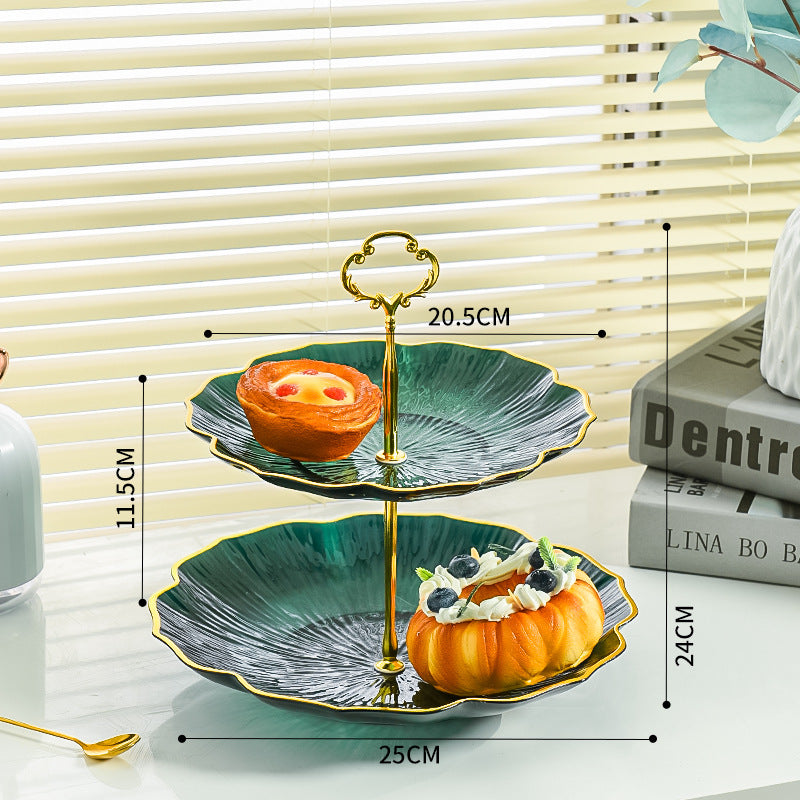 2-Tier Modern Fruit & Snack Stand – Green Reinforced Tiered Platter with Durable Iron Art Support for Home, Reception, and Office
