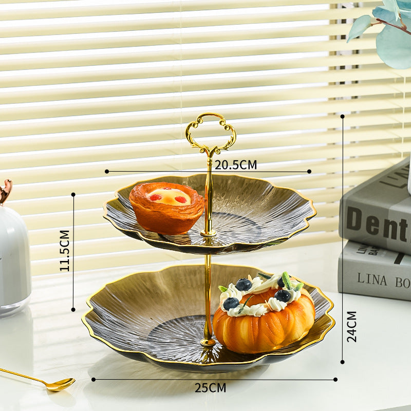 2-Tier Modern Fruit & Snack Stand – Tea-colored Reinforced Tiered Platter with Durable Iron Art Support for Home, Reception, and Office