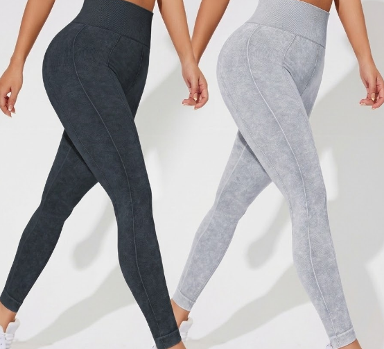 2 PCS Women's High Waisted Seamless Yoga Leggings Washed Black and Light Grey Activewear Tights Size L