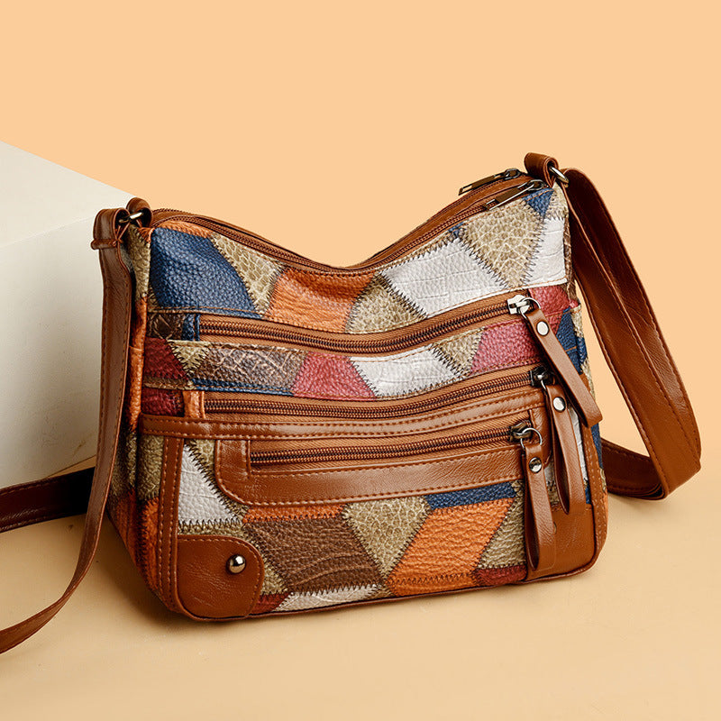 Lightweight Contrast Color Patchwork Shoulder Bag - Multi-Zipper Large Capacity PU Leather Satchel for Women(Style 2)