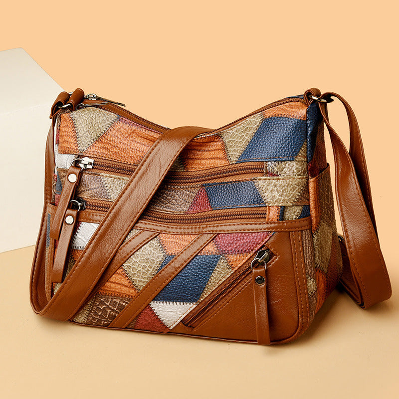 Lightweight Contrast Color Patchwork Shoulder Bag - Multi-Zipper Large Capacity PU Leather Satchel for Women(Style 3)