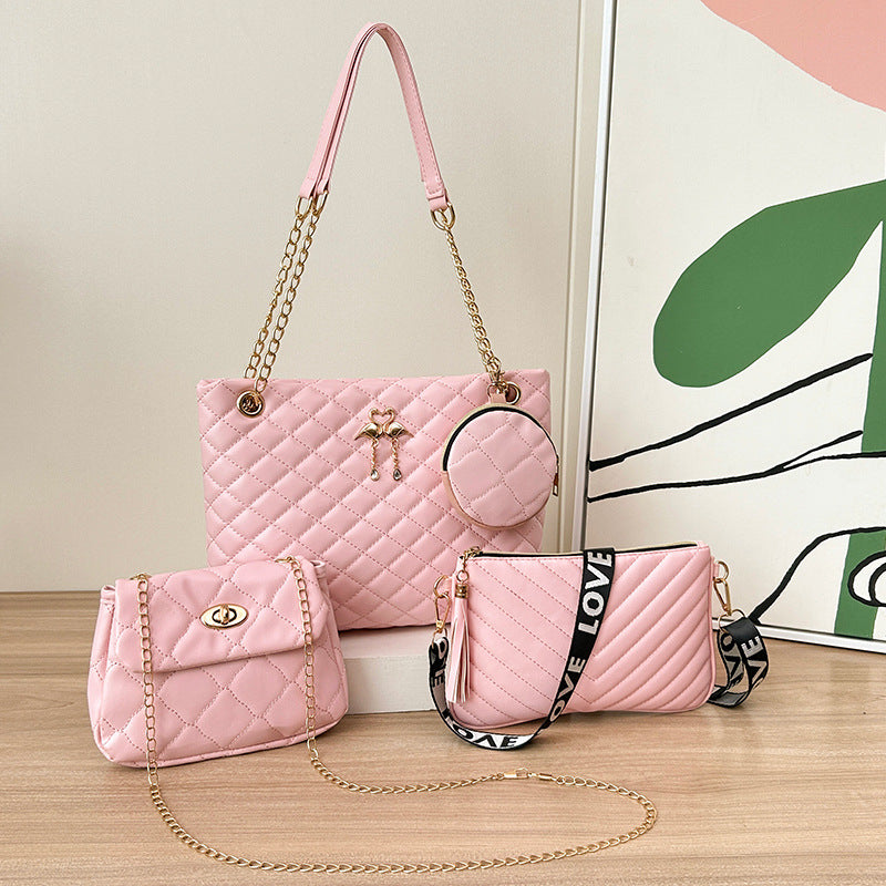 4-Piece PU Leather Rhombus Handbag Set - Large Capacity Shoulder Bag with Secure Zipper & Buckle Closure, Stylish Strap & Charms(Pink)