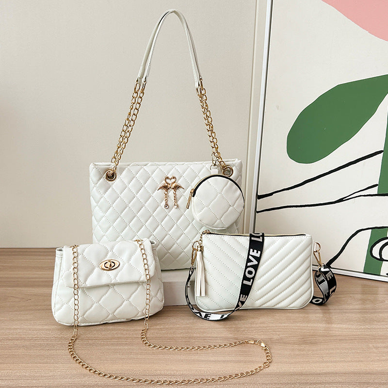 4-Piece PU Leather Rhombus Handbag Set - Large Capacity Shoulder Bag with Secure Zipper & Buckle Closure, Stylish Strap & Charms(White)