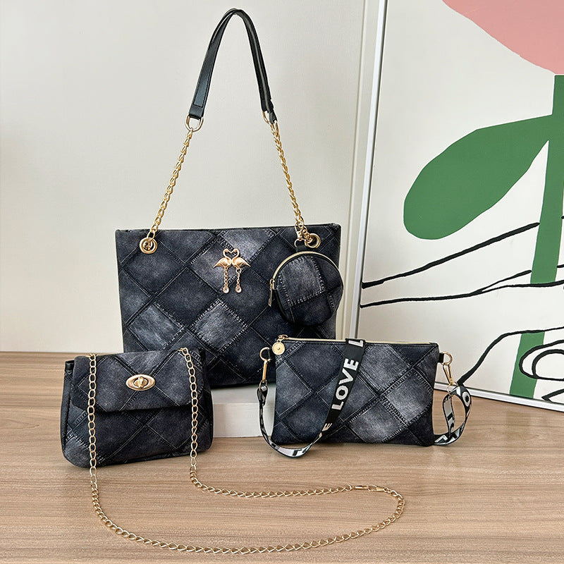 4-PCS Plaid Contrast-Color Handbag Set - Large Capacity PU Leather Shoulder Bag with Secure Zipper & Buckle Closure, Stylish Strap & Charms(Black & Grey)