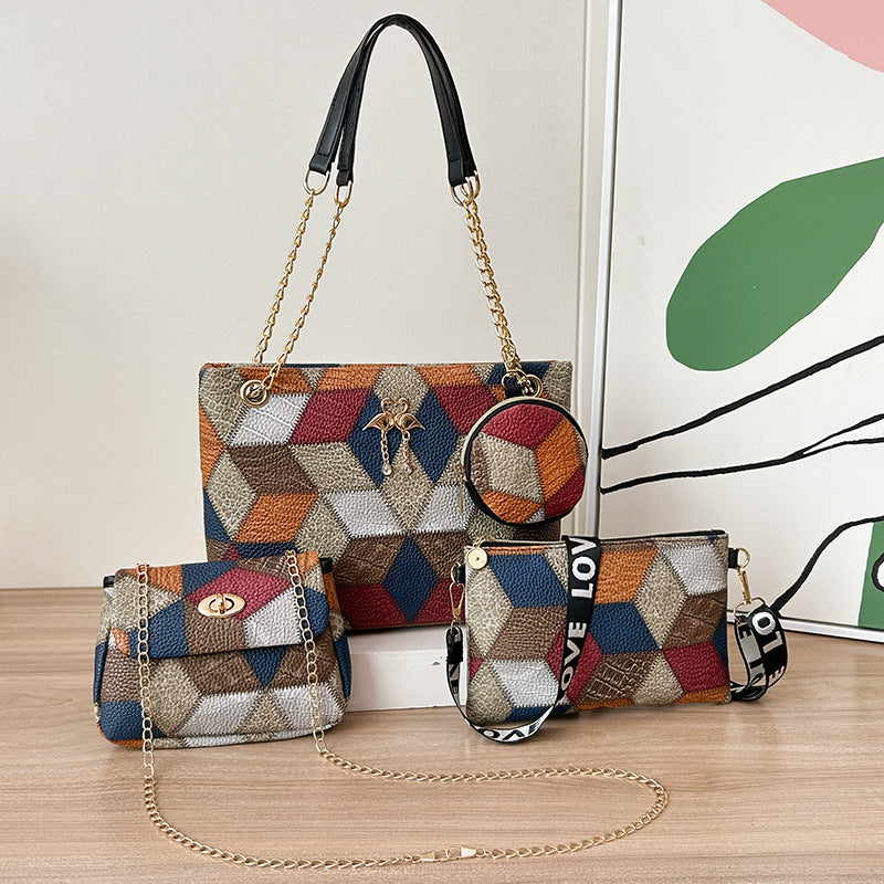 4-PCS Plaid Contrast-Color Handbag Set - Large Capacity PU Leather Shoulder Bag with Secure Zipper & Buckle Closure, Stylish Strap & Charms(Brown & Blue)