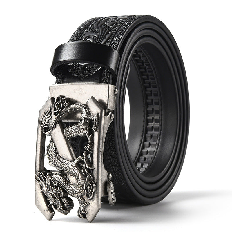 Black 120CM Men's Genuine Cowhide Vintage Carved Belt with Sliver Dragon Design Automatic Sliding Buckle