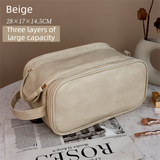 Beige Premium TPU Leather Dual-Zipper Cosmetic Bag with 3 Dry & Wet Separation Zone - Large Capacity Travel Toiletries Organizer