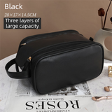 Black Premium TPU Leather Dual-Zipper Cosmetic Bag with 3 Dry & Wet Separation Zone - Large Capacity Travel Toiletries Organizer