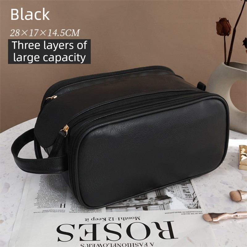 Black Premium TPU Leather Dual-Zipper Cosmetic Bag with 3 Dry & Wet Separation Zone - Large Capacity Travel Toiletries Organizer