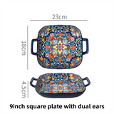 9-Inch Underglaze Ceramic Square Serving Plate with Dual Handles (Baroque) - Microwave and Oven Safe Pasta & Fruit Tray