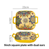 9-Inch Underglaze Ceramic Square Serving Plate with Dual Handles (Mirror Sunlight Style) - Microwave and Oven Safe Pasta & Fruit Tray