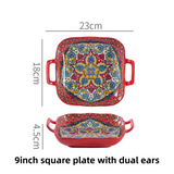 9-Inch Underglaze Ceramic Square Serving Plate with Dual Handles (Isdir Style) - Microwave and Oven Safe Pasta & Fruit Tray