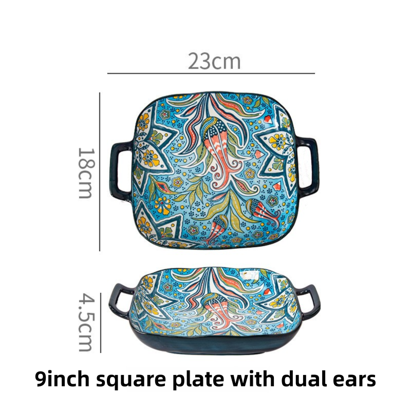 9-Inch Underglaze Ceramic Square Serving Plate with Dual Handles (Glandot Style) - Microwave and Oven Safe Pasta & Fruit Tray