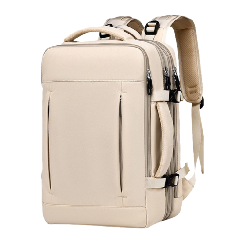 Beige Expandable Travel Laptop Backpack with USB Charging Port - Waterproof Nylon Business Bag with 11cm Depth Extension (45x32cm)